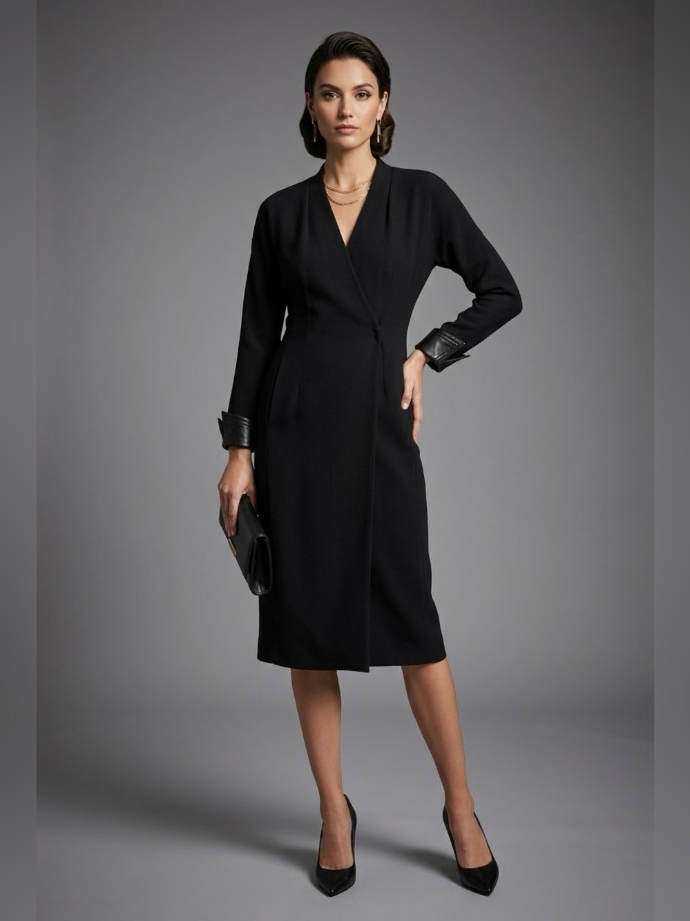 Kay Unger Petites Vintage Black 100% Wool Dress Leather Cuffs Wrap Midi 8P